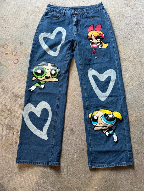 Cartoon Network Denim - The Powerpuff Girls ROMWE Heart & Cartoon Graphic Straight Leg Jeans